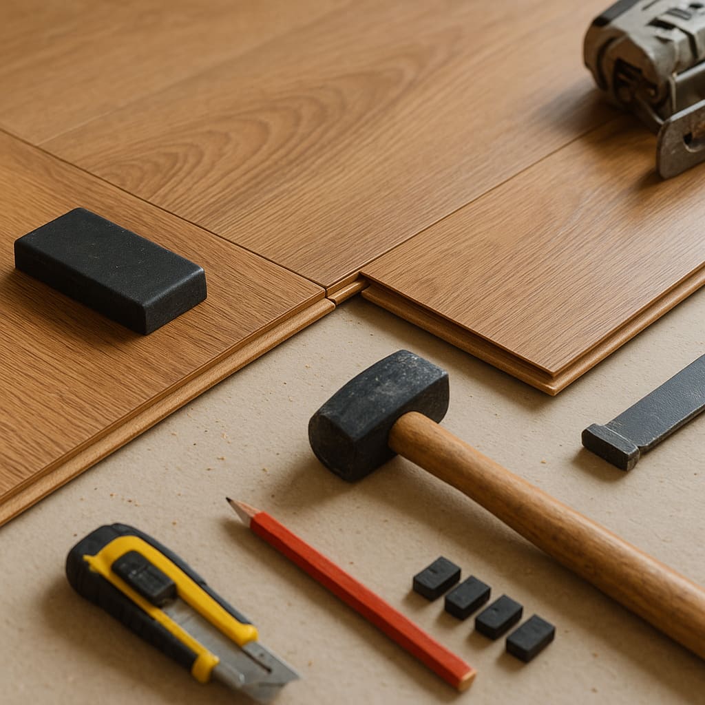 Detail einer Laminatverlegung mit Werkzeug